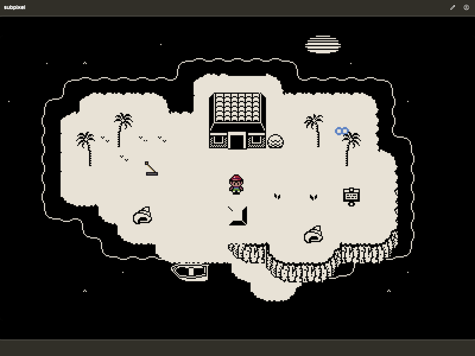 Top-down black-and-white pixel-art island with palm trees, a house, and a small character standing on sand
