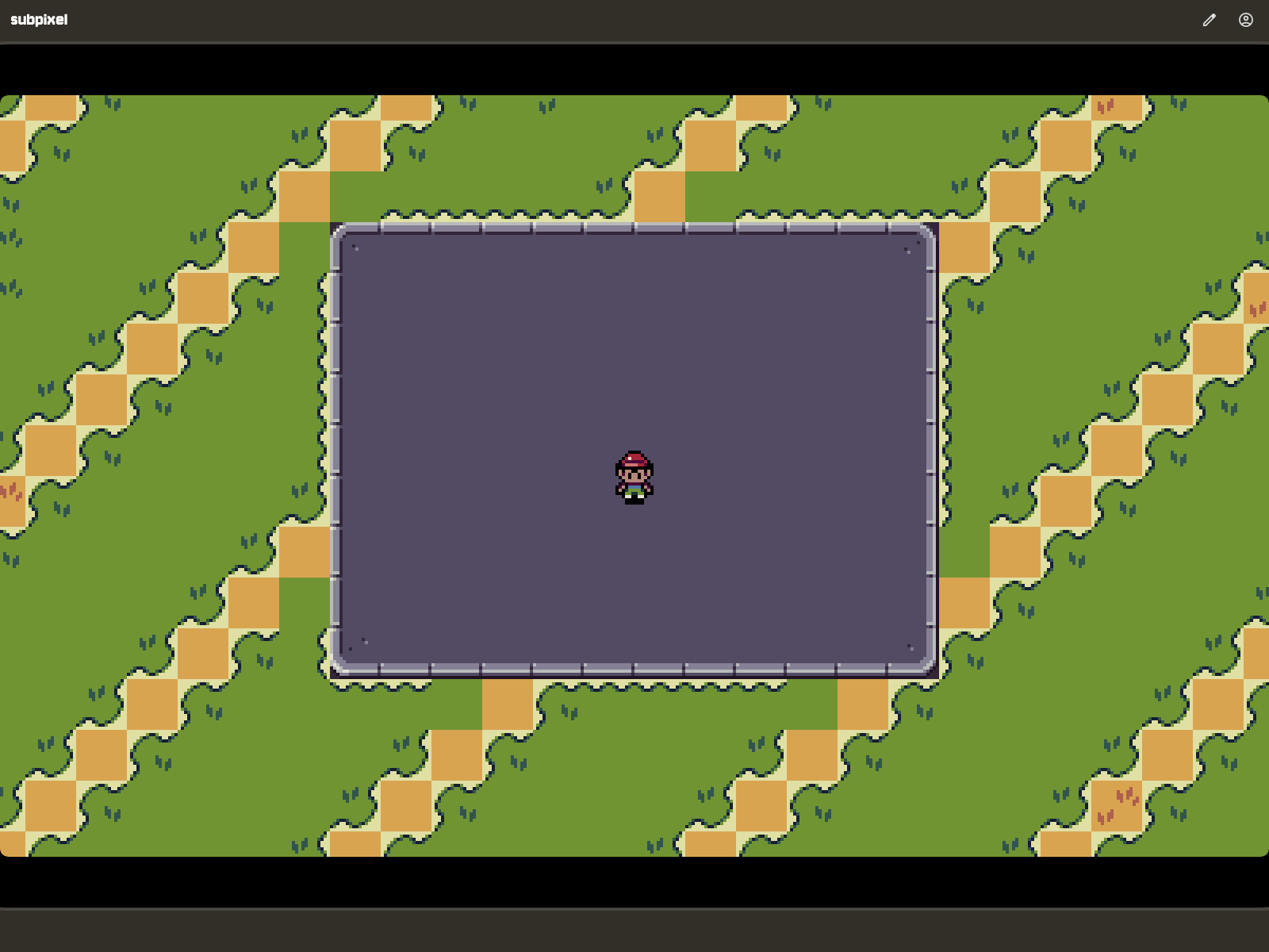 Top-down pixel-art plaza with a stone platform surrounded by grass and sandy paths